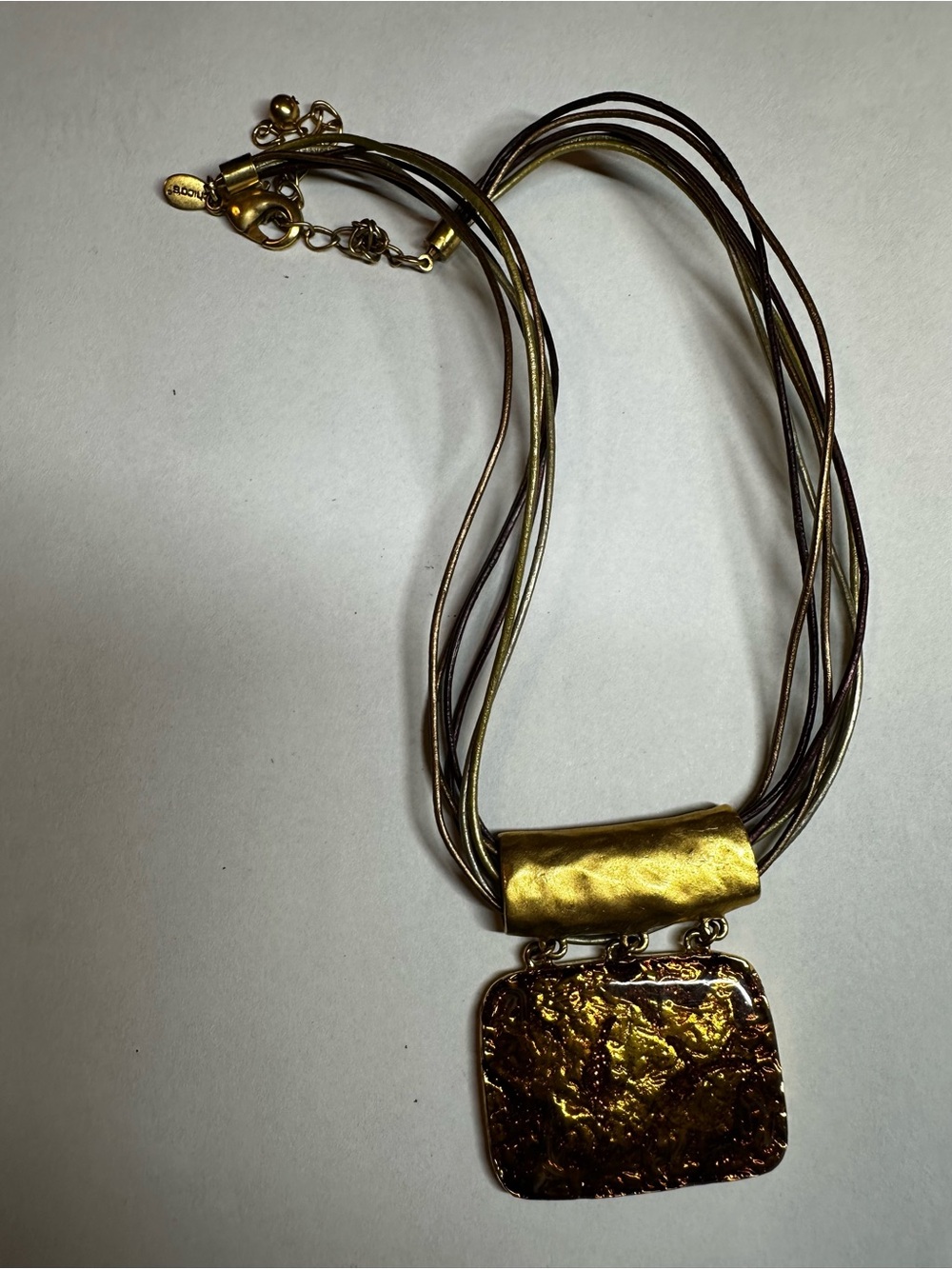 Chico's Gold Tone Multi Strand Cord Hammered Square Foil Resin Pendant Necklace